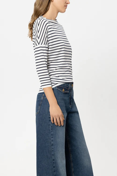 Luisa Cerano Navy Striped Round Neck 3/4 Sleeve T-Shirt 338351