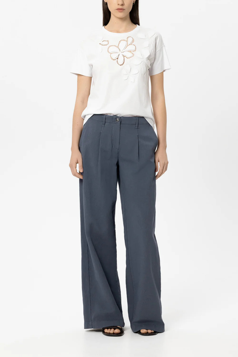 Luisa Cerano White T-Shirt with Floral Eyelet Embroidery 338375