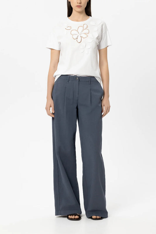 Luisa Cerano White T-Shirt with Floral Eyelet Embroidery 338375