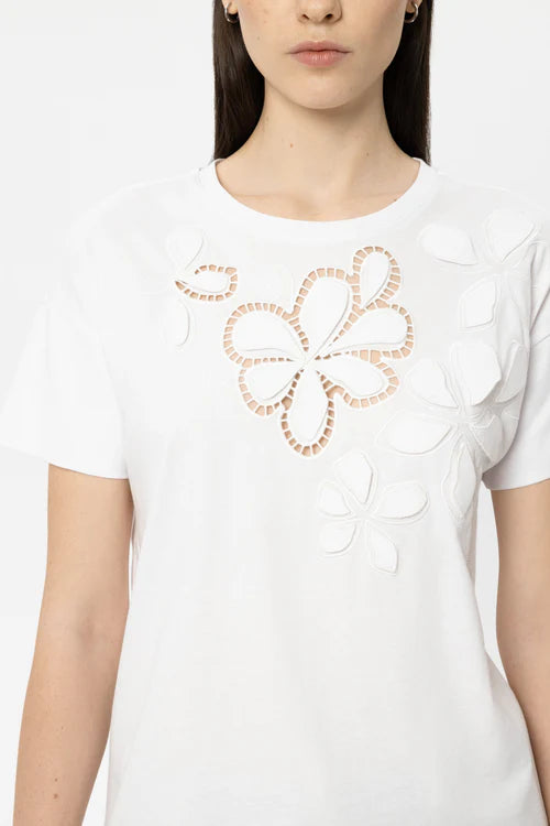 Luisa Cerano White T-Shirt with Floral Eyelet Embroidery 338375
