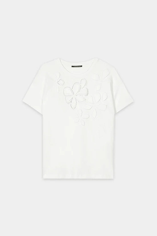 Luisa Cerano White T-Shirt with Floral Eyelet Embroidery 338375