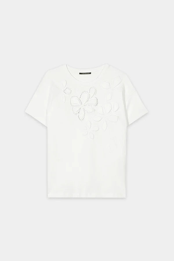 Luisa Cerano White T-Shirt with Floral Eyelet Embroidery 338375