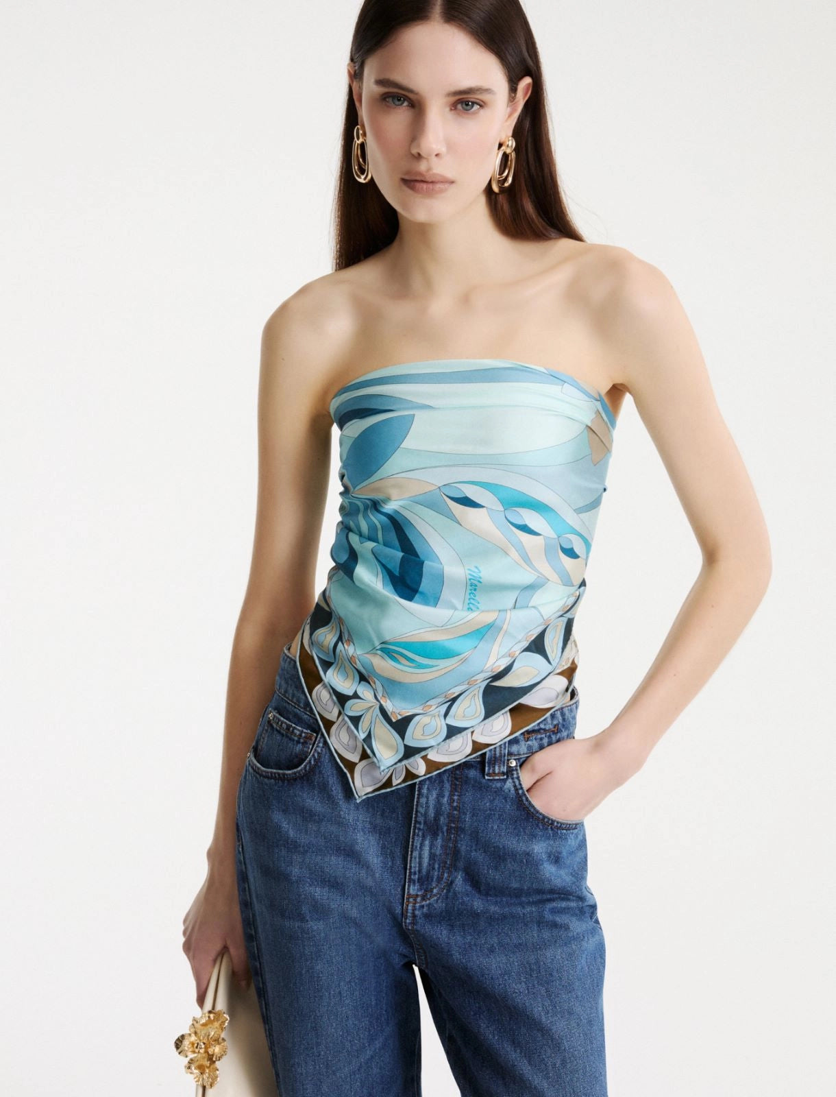 Marella Light Blue Pure Silk Satin Square Scarf
