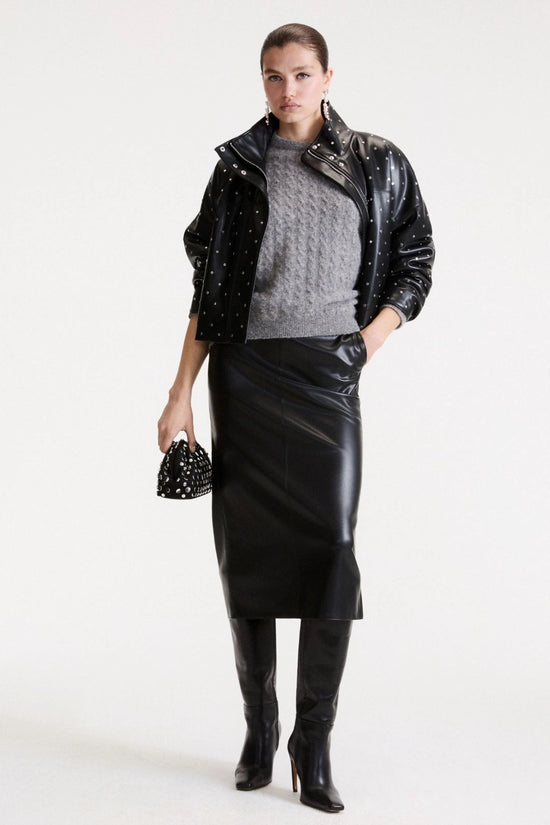 Marella Black Padded Faux Leather Studded Coat