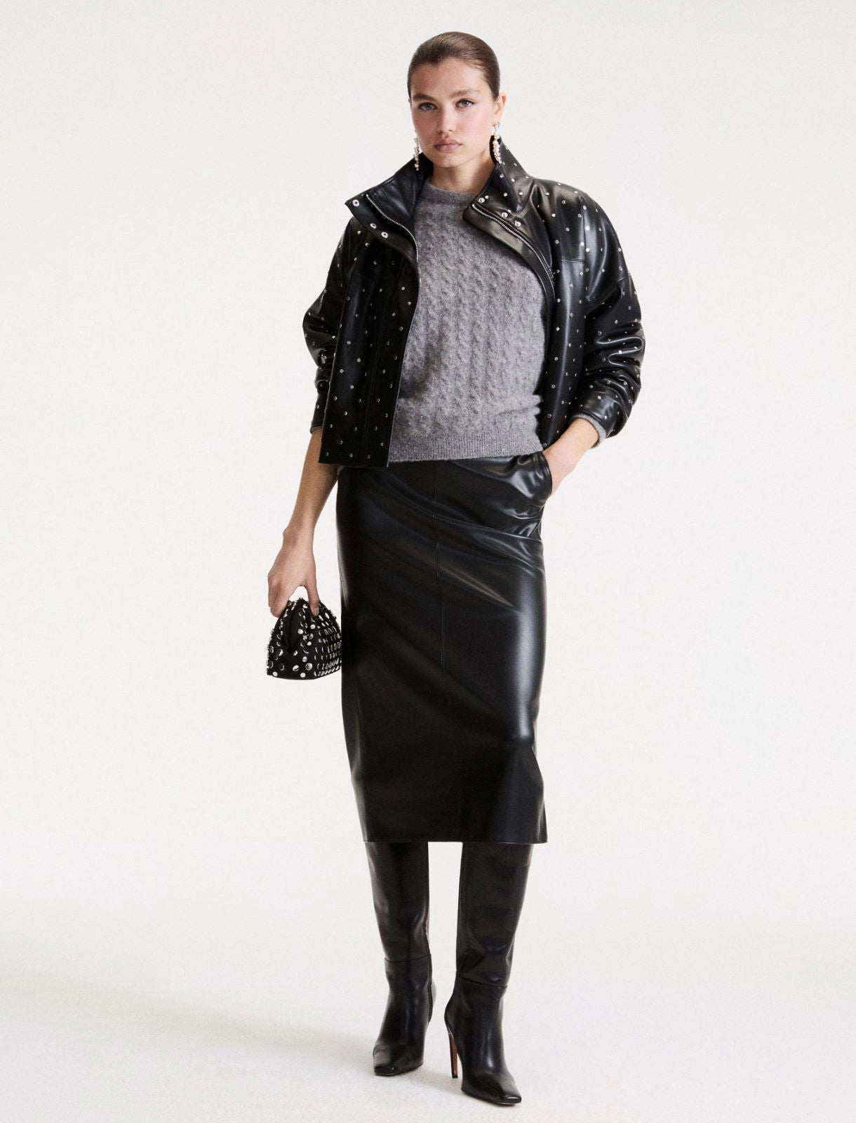 Marella Black Padded Faux Leather Studded Coat