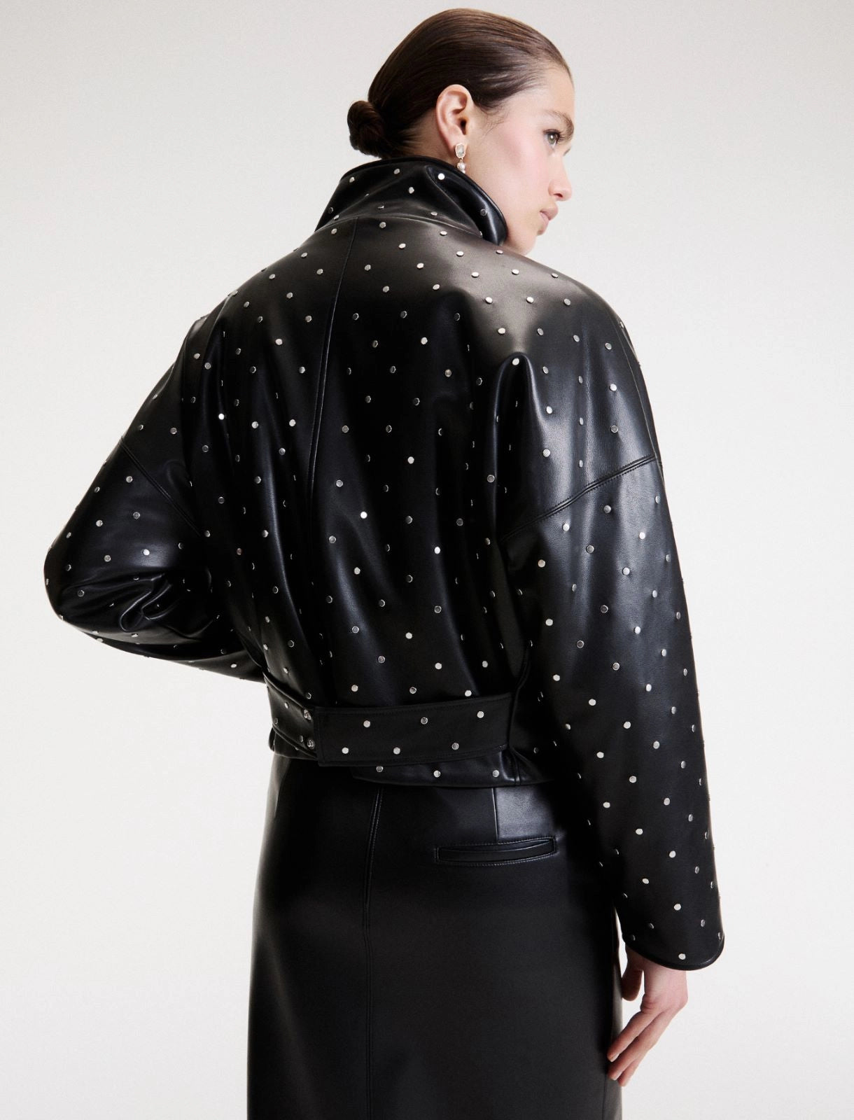 Marella Black Padded Faux Leather Studded Coat
