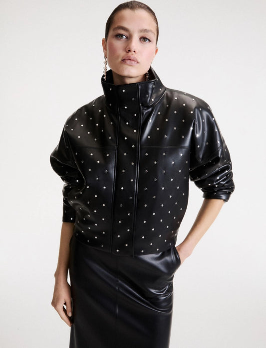 Marella Black Padded Faux Leather Studded Coat