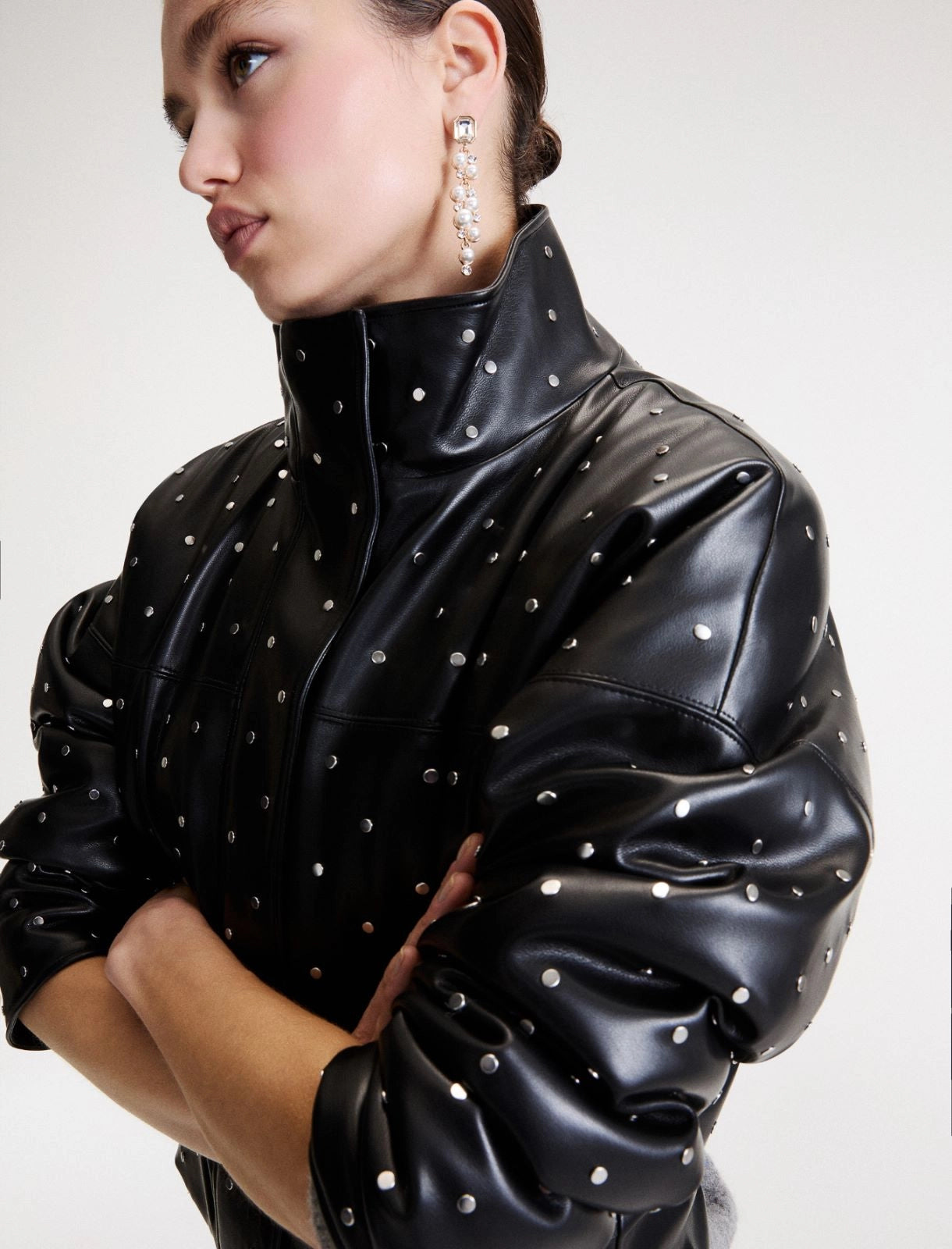 Marella Black Padded Faux Leather Studded Coat