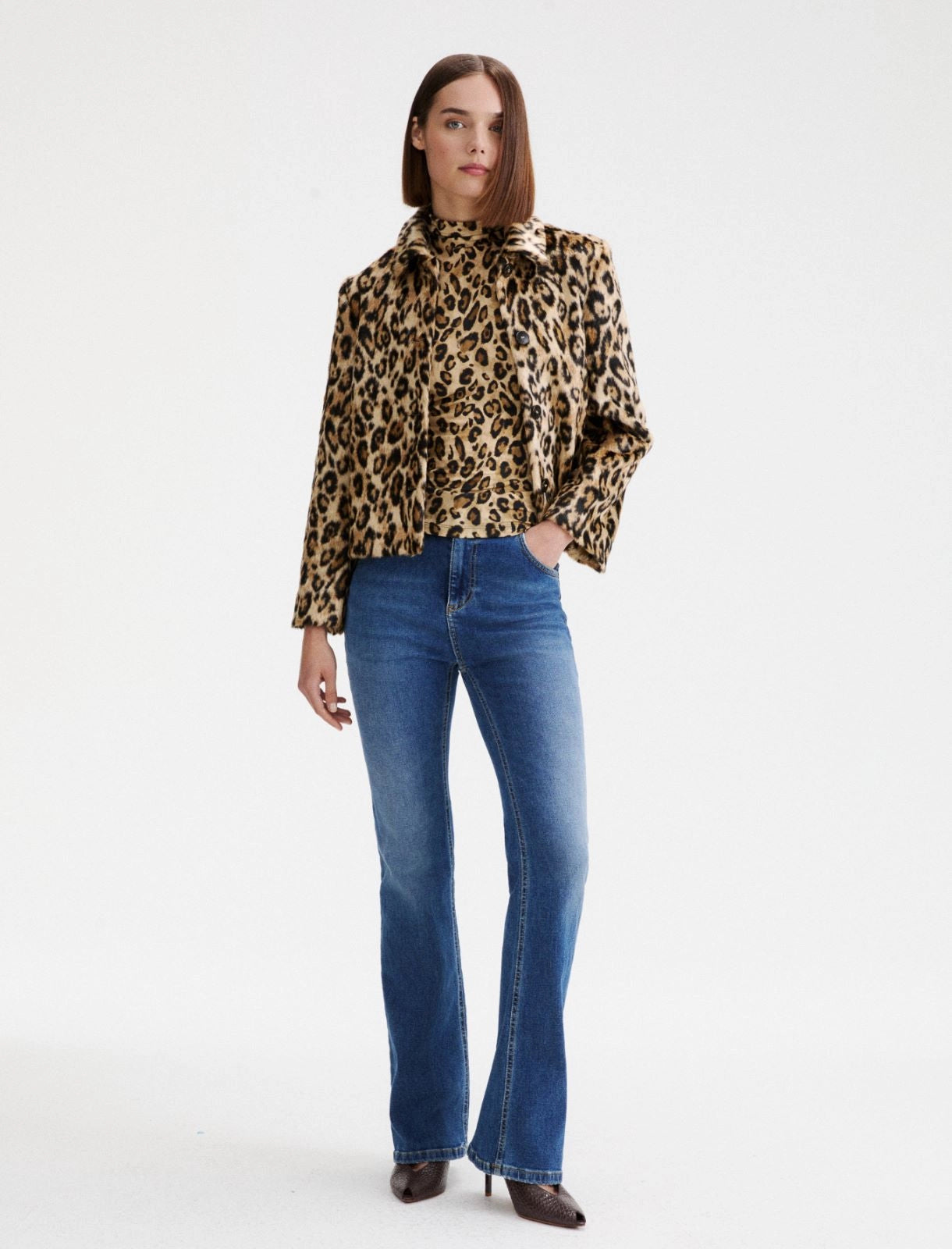 Marella Sport Camel Boxy Faux Fur Animal Print Jacket