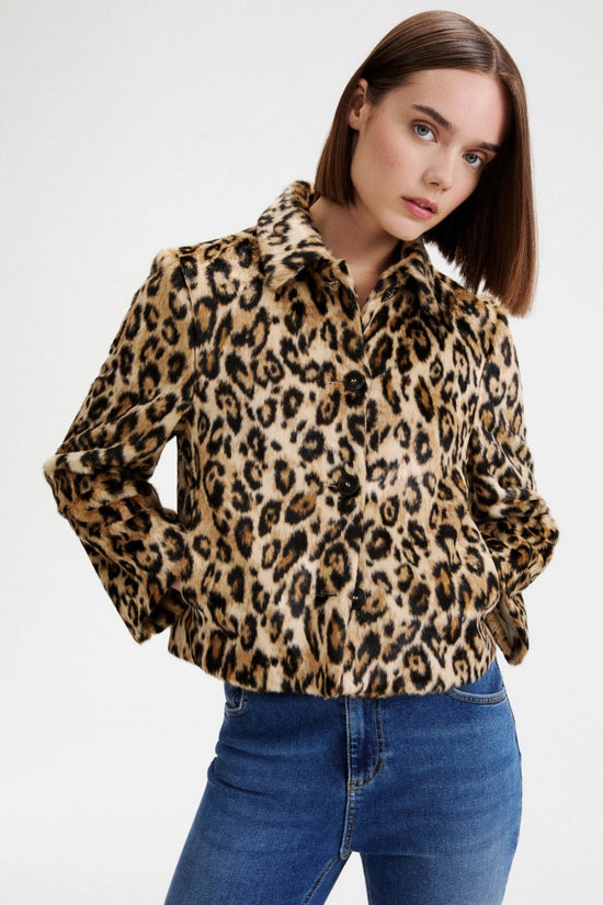 Marella Sport Camel Boxy Faux Fur Animal Print Jacket
