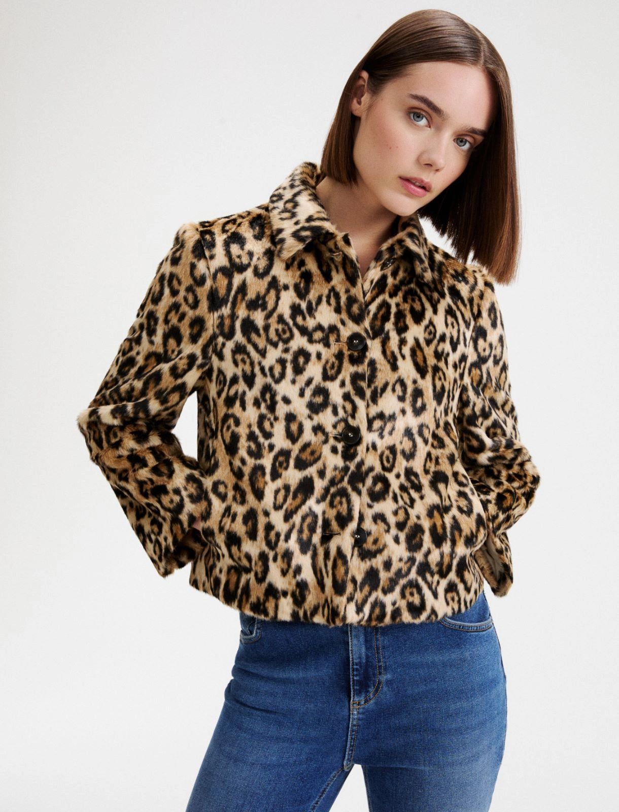 Marella Sport Camel Boxy Faux Fur Animal Print Jacket