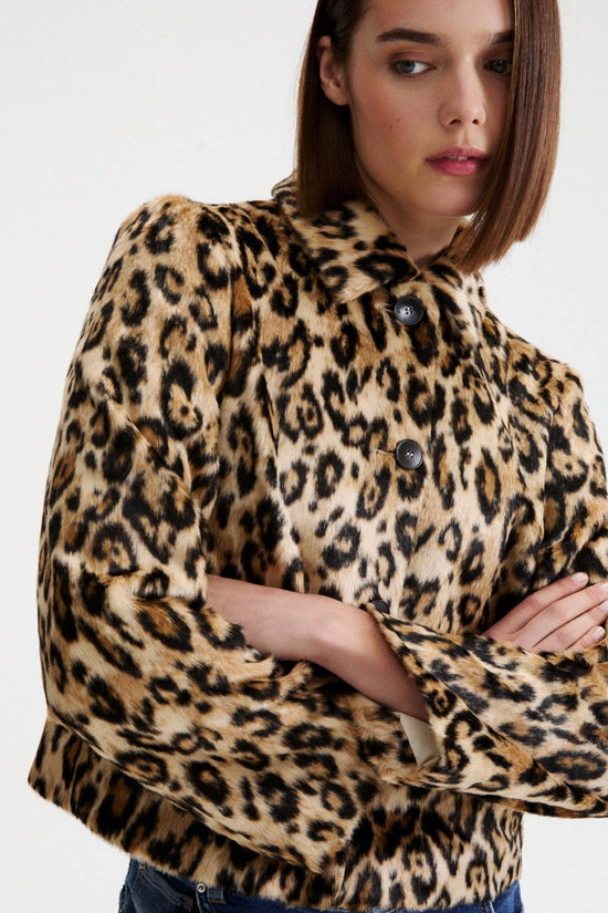 Marella Sport Camel Boxy Faux Fur Animal Print Jacket