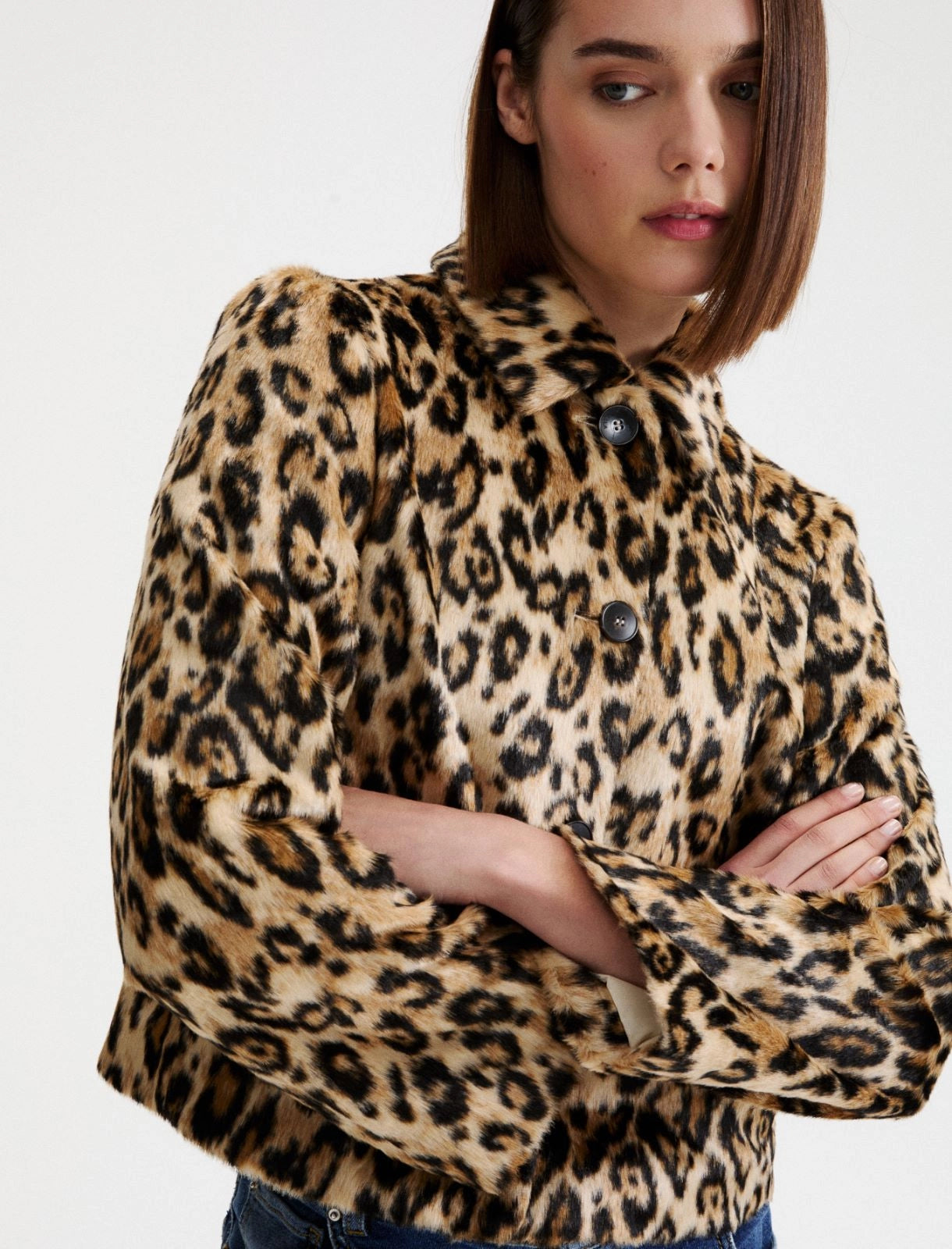 Marella Sport Camel Boxy Faux Fur Animal Print Jacket