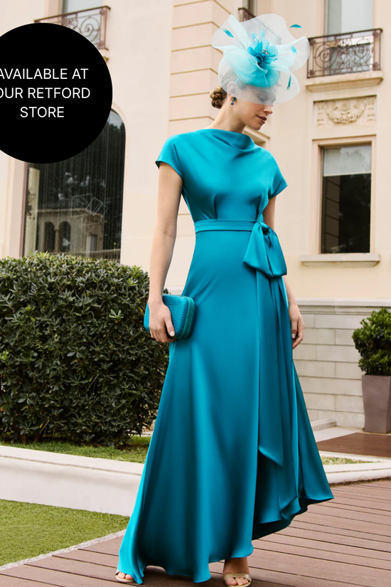 Couture Club Tiffany Blue Satin Belted Asymmetrical Hem Dress 1G262 AW