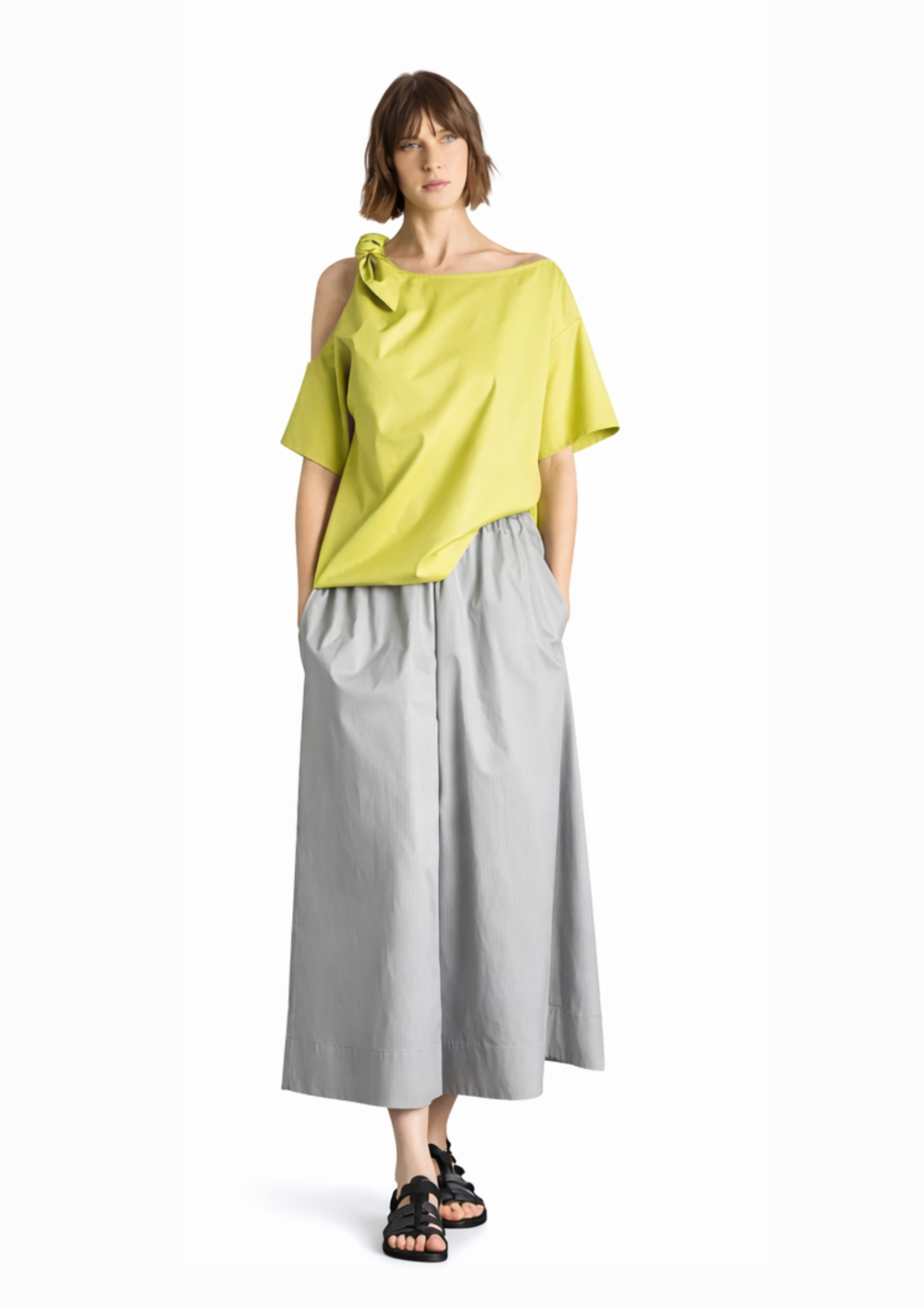 Isik Ozgur Pistachio Cotton One-Shoulder Top with tie – Short Sleeve 2714-07