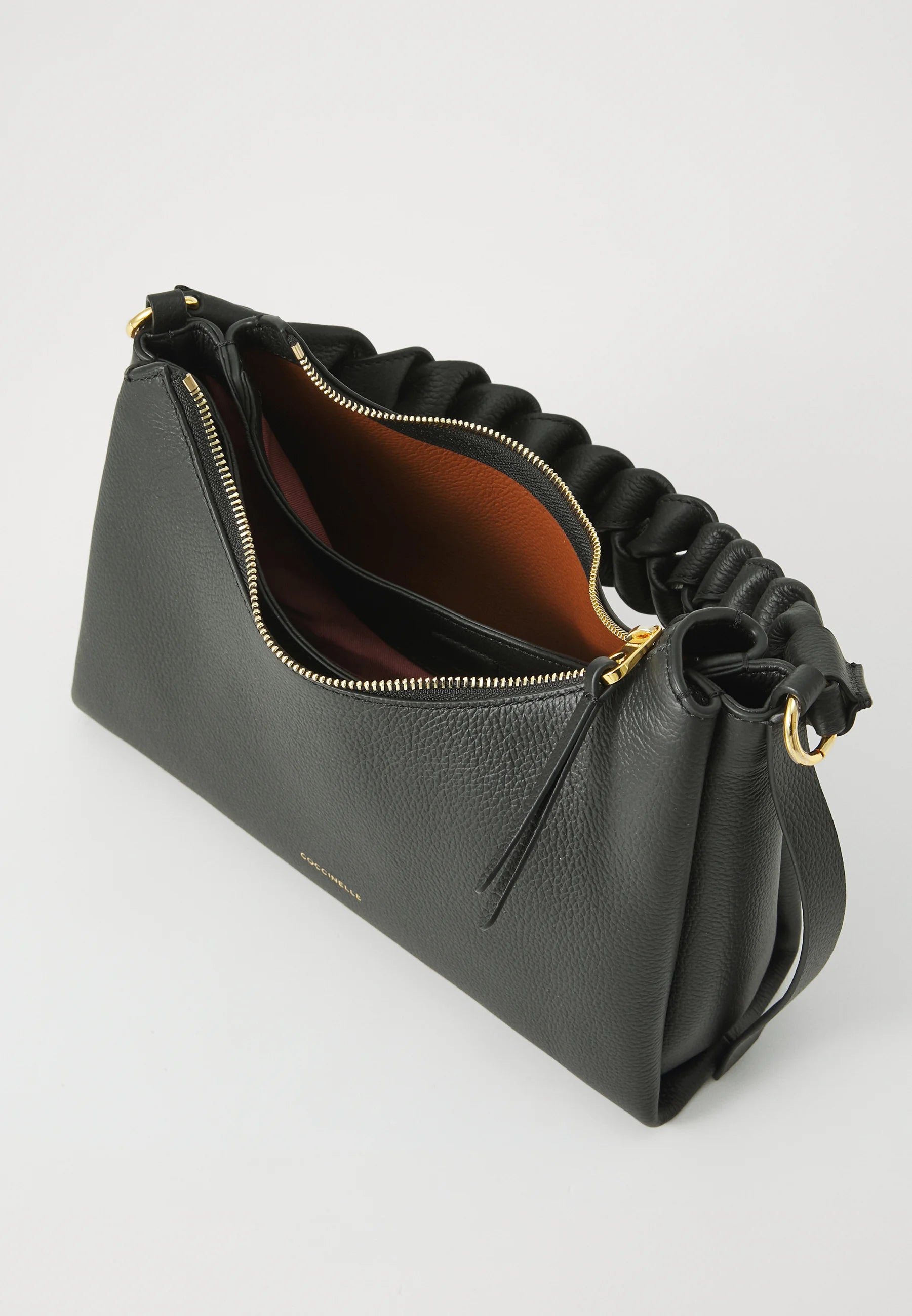 Coccinelle Boheme Grana Double Leather Handbag in Black & Cognac with Zip Fastening