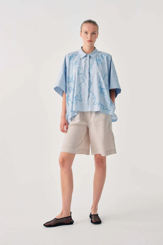Beatrice b Light Blue Relaxed Fit Shirt with Wavy Decorative Beading 