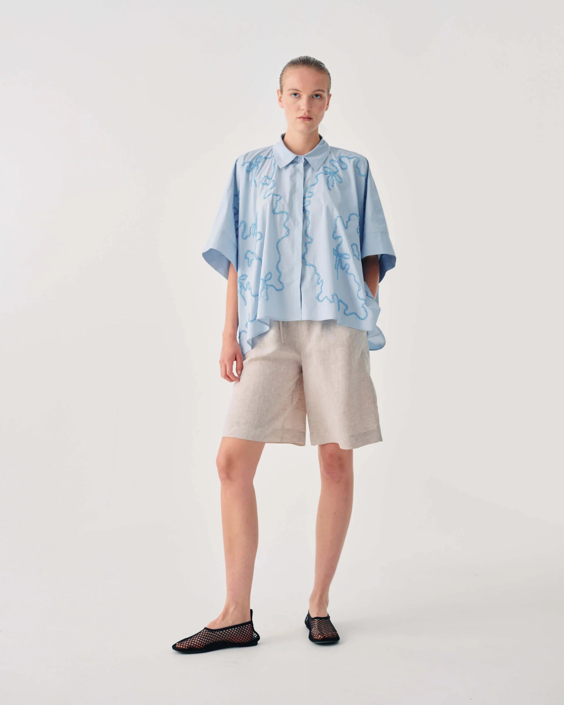 Beatrice b Light Blue Relaxed Fit Shirt with Wavy Decorative Beading 