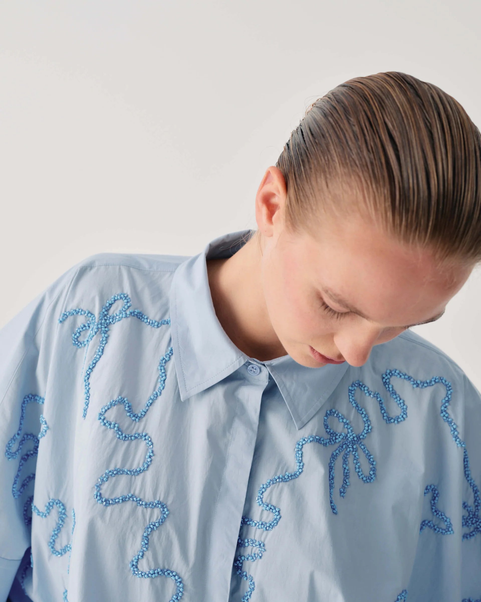 Beatrice b Light Blue Relaxed Fit Shirt with Wavy Decorative Beading 