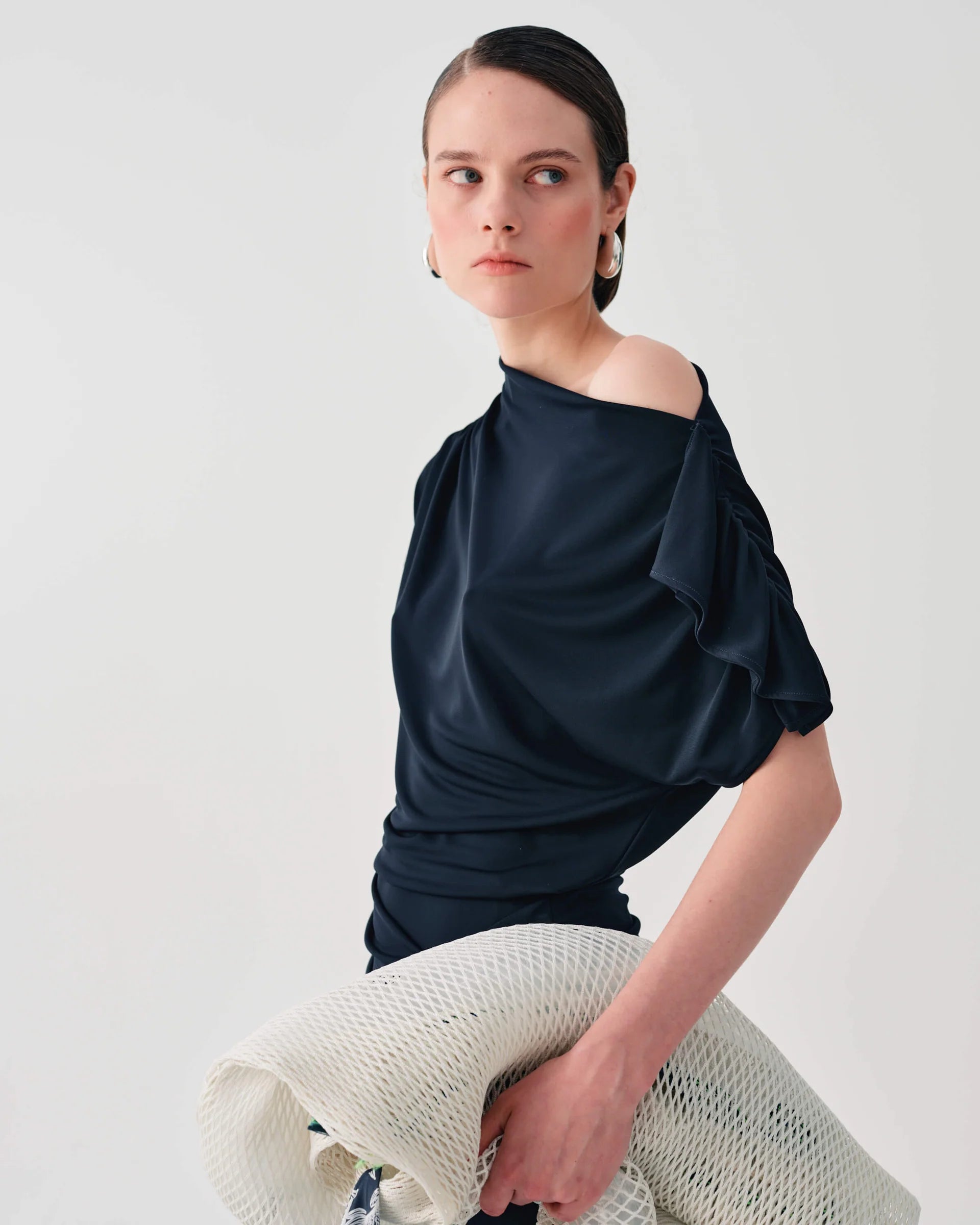 Beatrice B Black Off Shoulder Top with Gathered Details 26FE4362