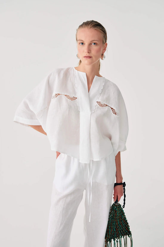 Beatrice b White Linen Blouse with Lace 26FE4367