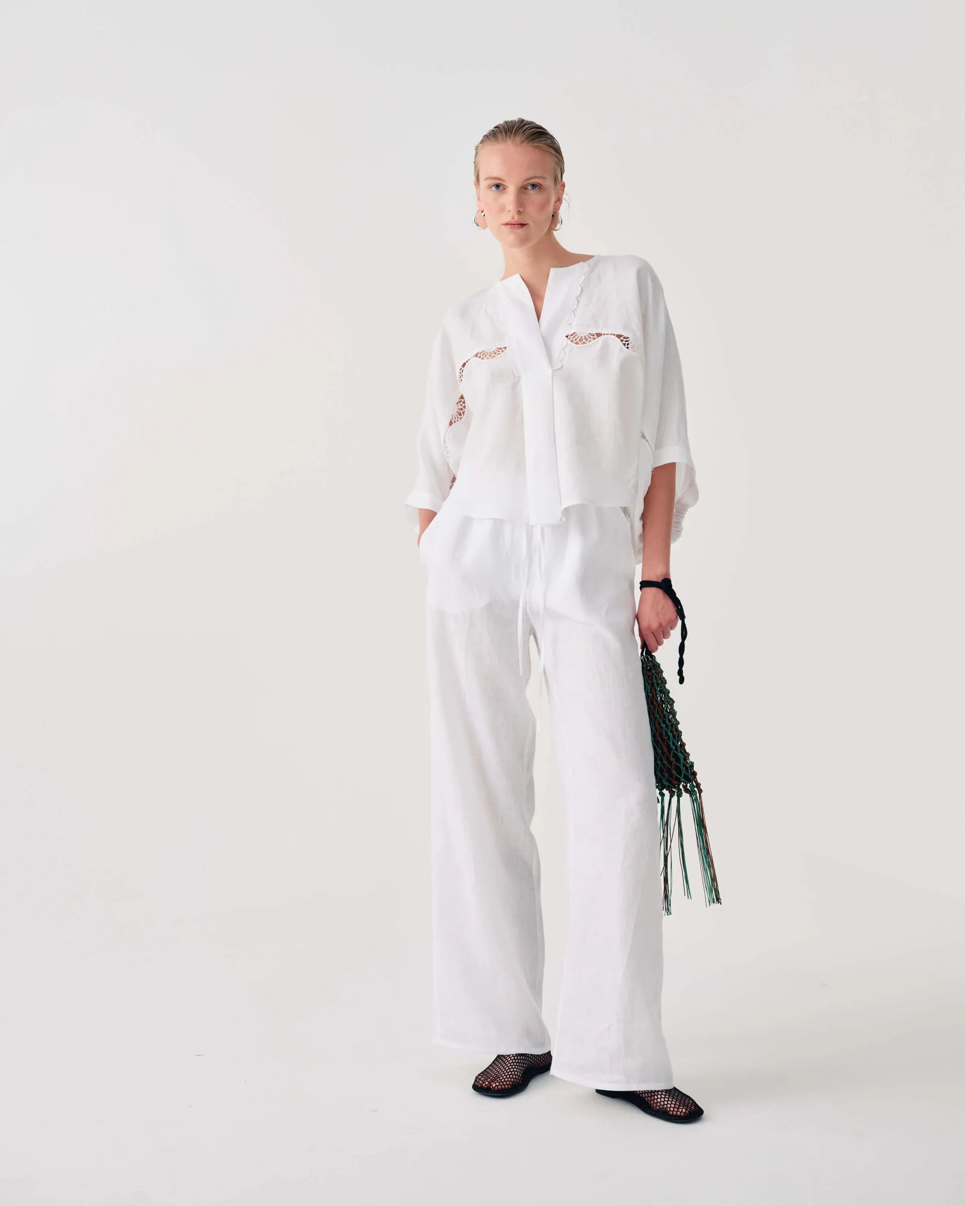 Beatrice b White Linen Blouse with Lace 26FE4367