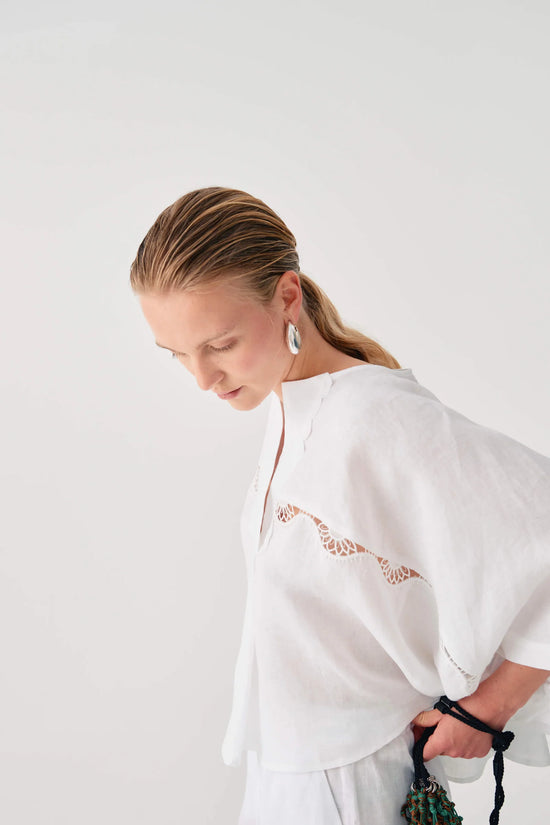Beatrice b White Linen Blouse with Lace 26FE4367