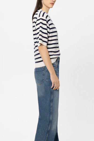 Luisa Cerano Navy Blue Striped Short Sleeve Cashmere Blend Cardigan 438161