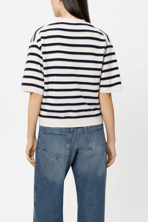 Luisa Cerano Navy Blue Striped Short Sleeve Cashmere Blend Cardigan 438161