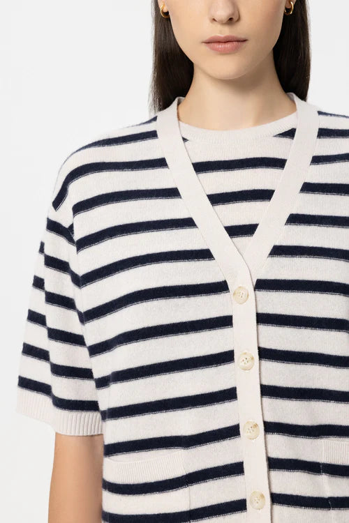 Luisa Cerano Navy Blue Striped Short Sleeve Cashmere Blend Cardigan 438161