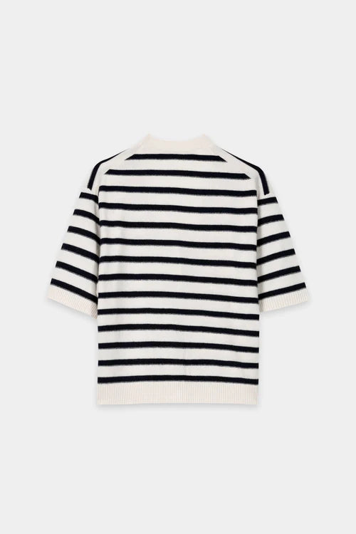 Luisa Cerano Navy Blue Striped Short Sleeve Cashmere Blend Cardigan 438161