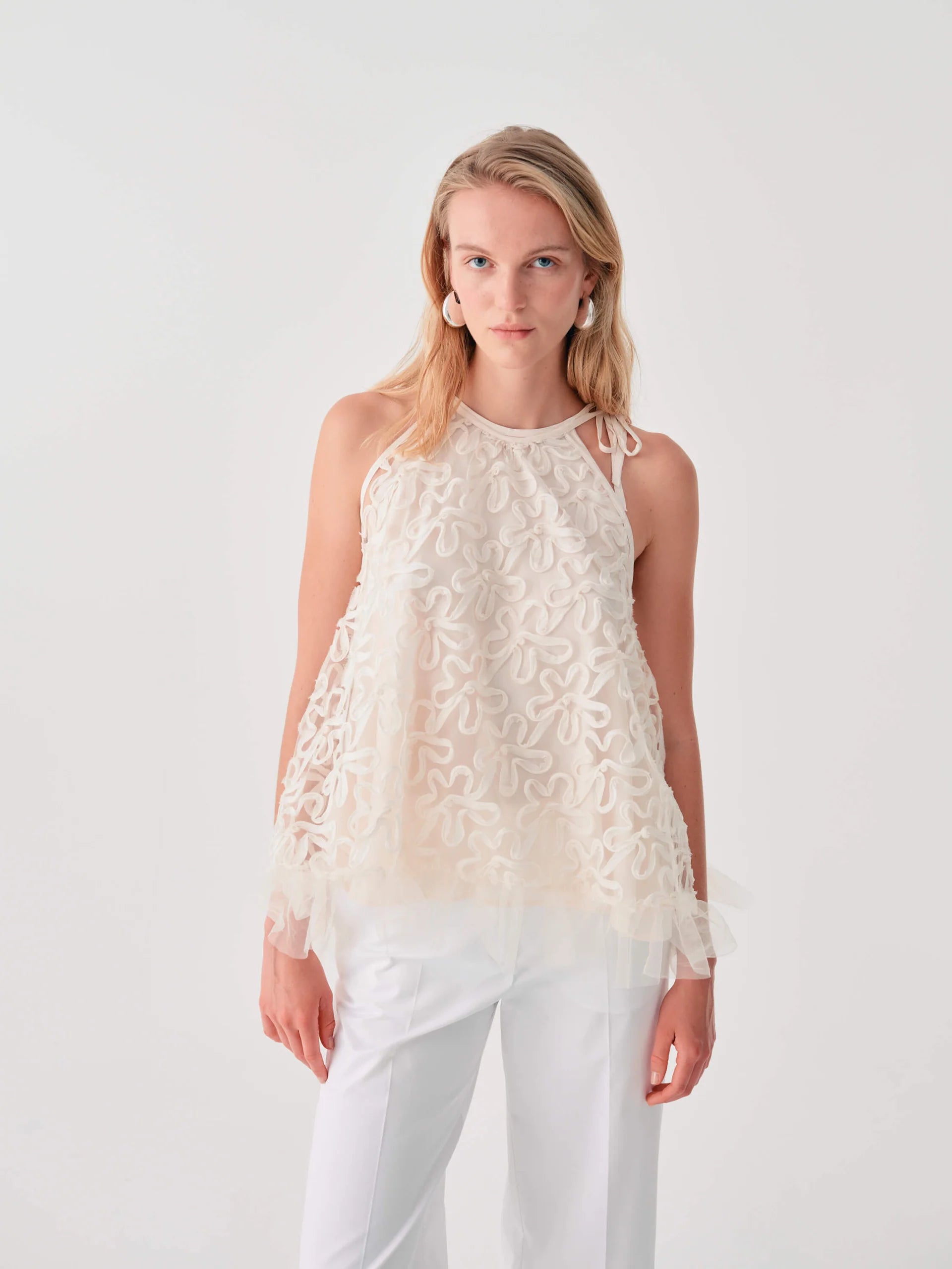 Beatrice b Vanilla Embroidered Tulle Sleeveless Top 26FE4381