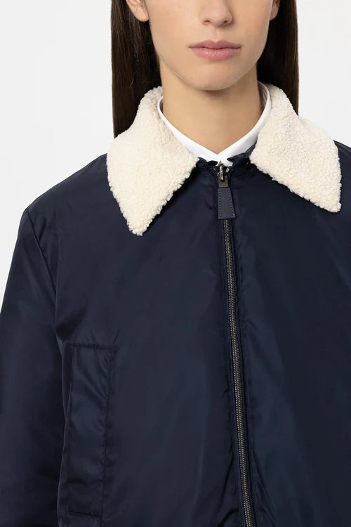 Luisa Cerano Navy Reversible Down Jacket with Faux Fur Collar 438530