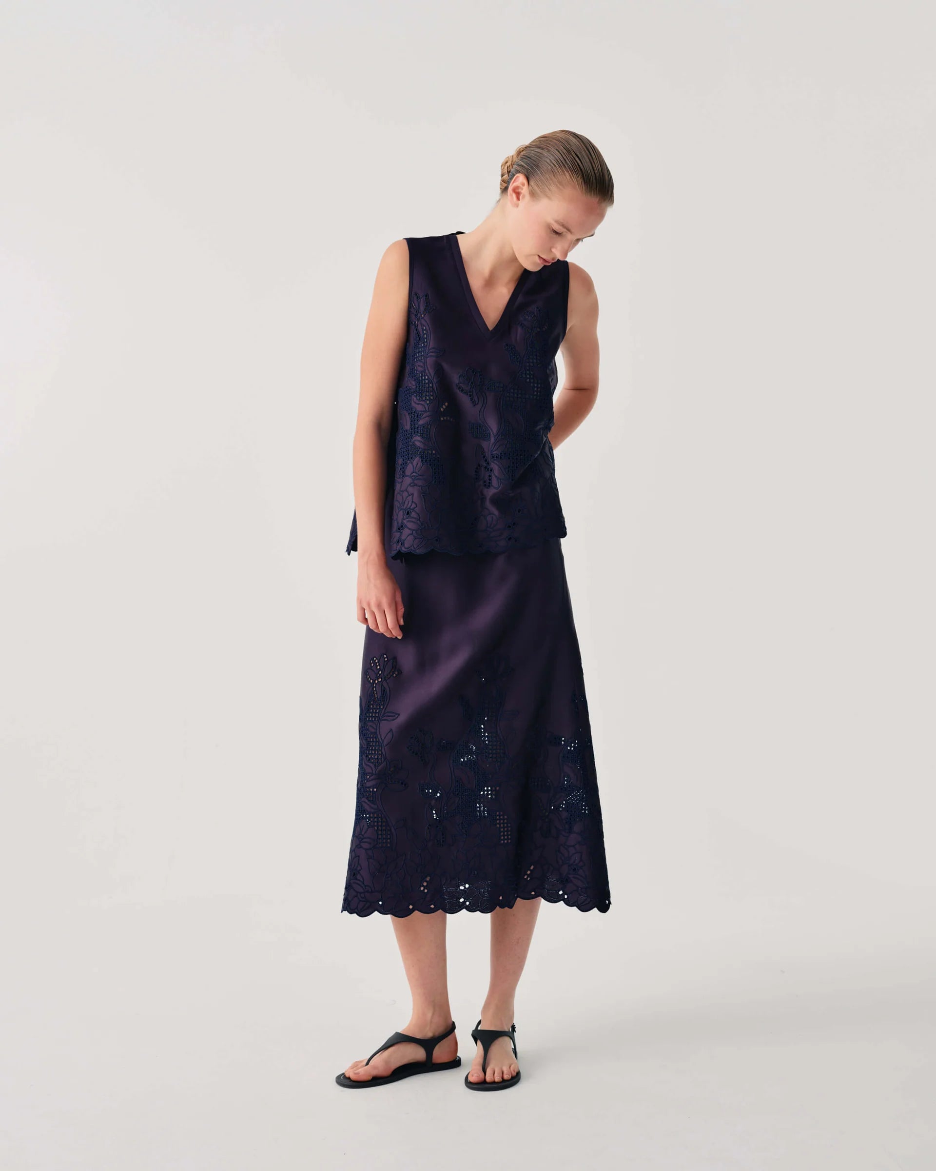 Beatrice b Dark Blue Satin Top with Floral Embroidery 26FE4389