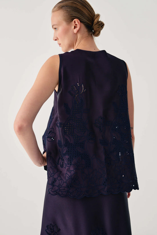 Beatrice b Dark Blue Satin Top with Floral Embroidery 26FE4389