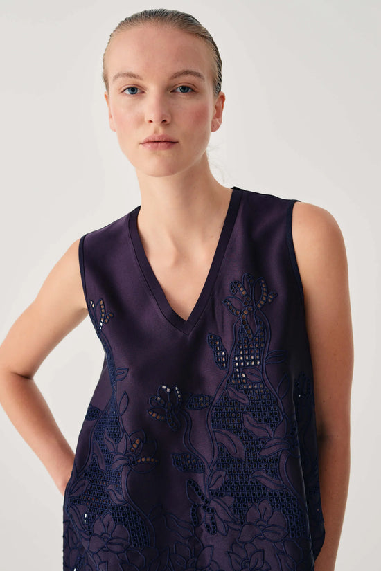 Beatrice b Dark Blue Satin Top with Floral Embroidery 26FE4389