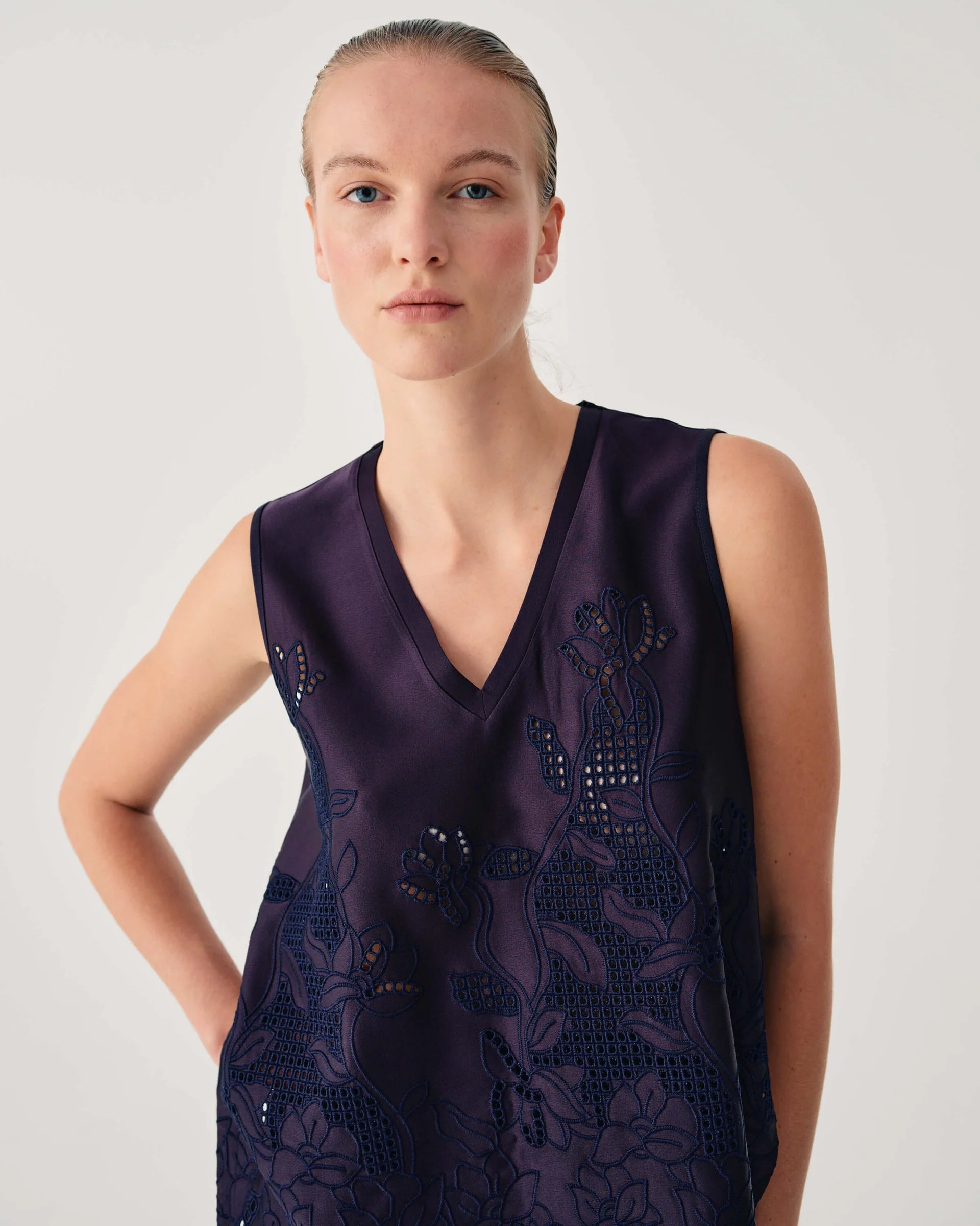 Beatrice b Dark Blue Satin Top with Floral Embroidery 26FE4389