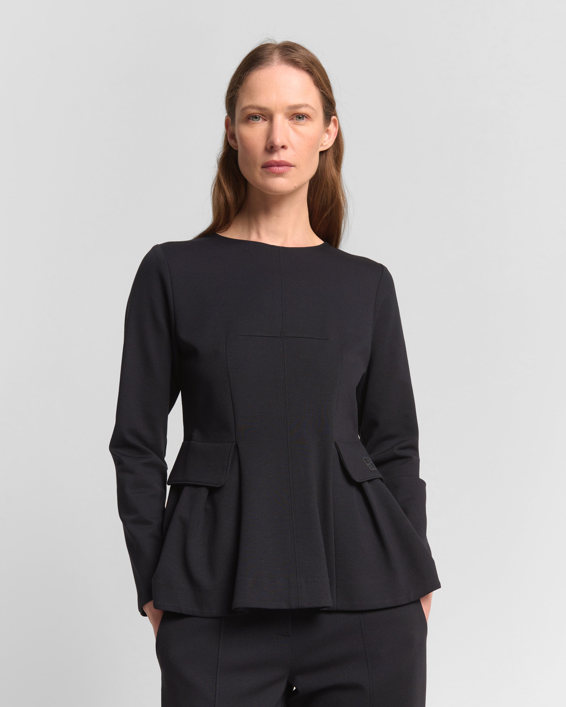 Beatrice B Dark Blue Flared Panel Long Sleeve Round Neck Top