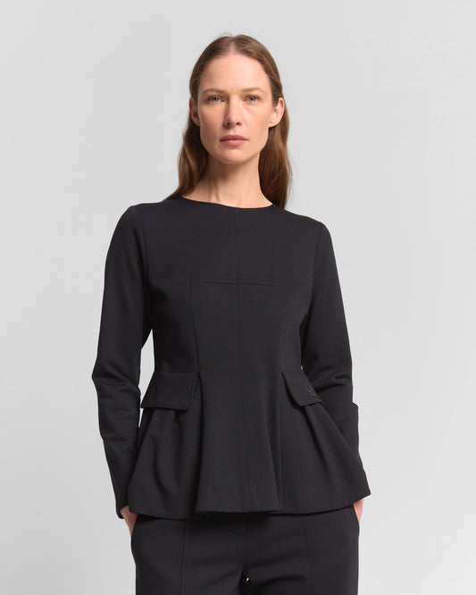 Beatrice B Dark Blue Flared Panel Long Sleeve Round Neck Top