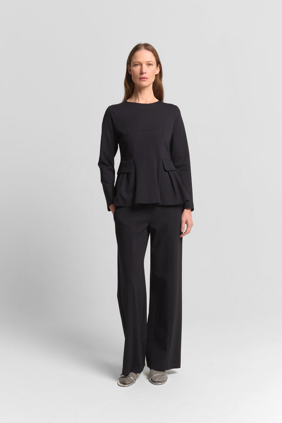 Beatrice B Dark Blue Flared Panel Long Sleeve Round Neck Top