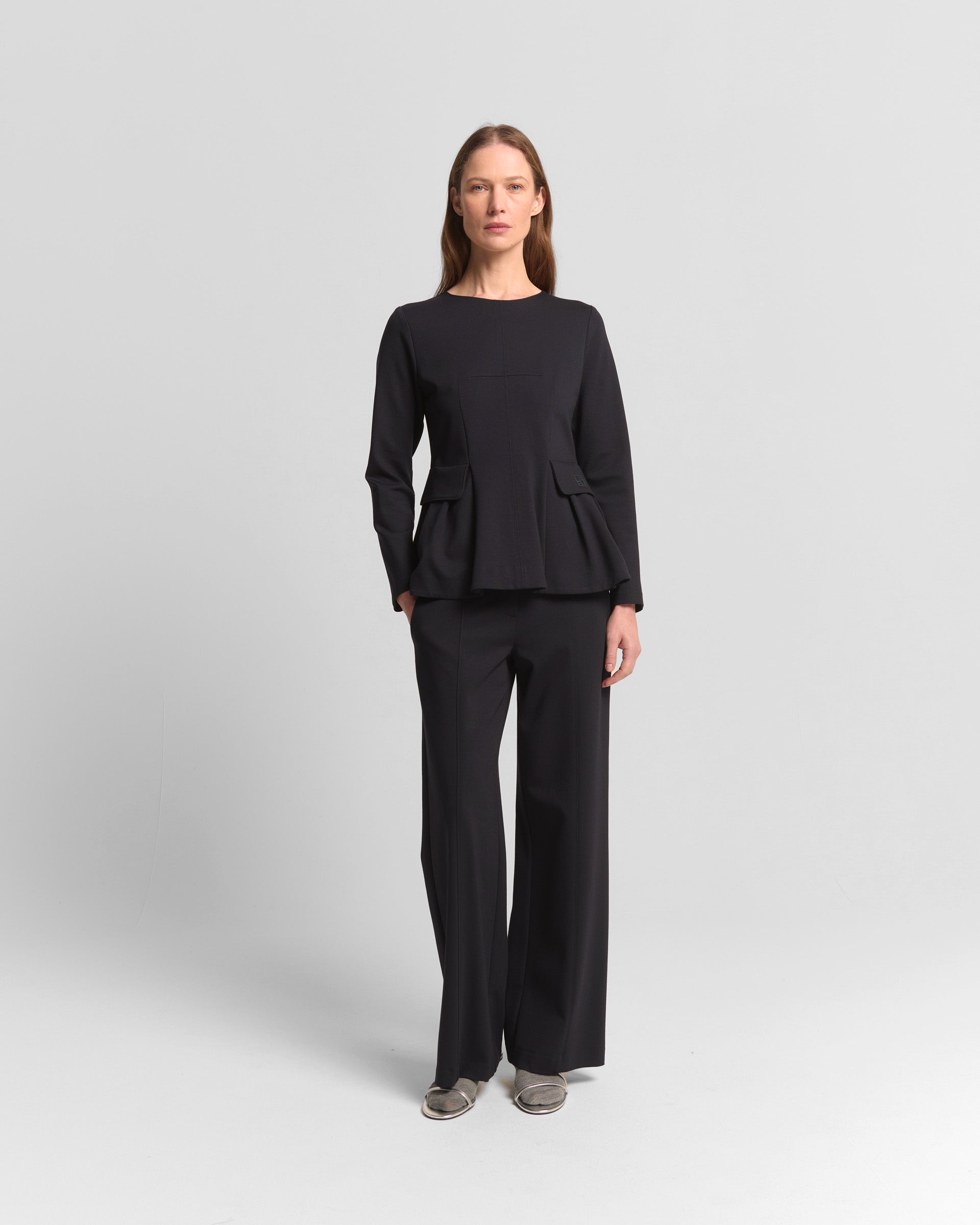 Beatrice B Dark Blue Flared Panel Long Sleeve Round Neck Top