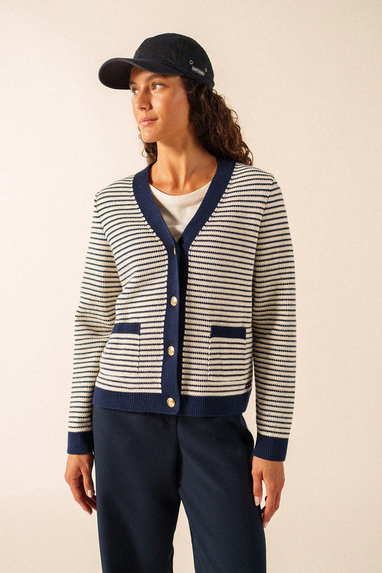 Saint James Blue and White Stripe V-Neck Cardigan