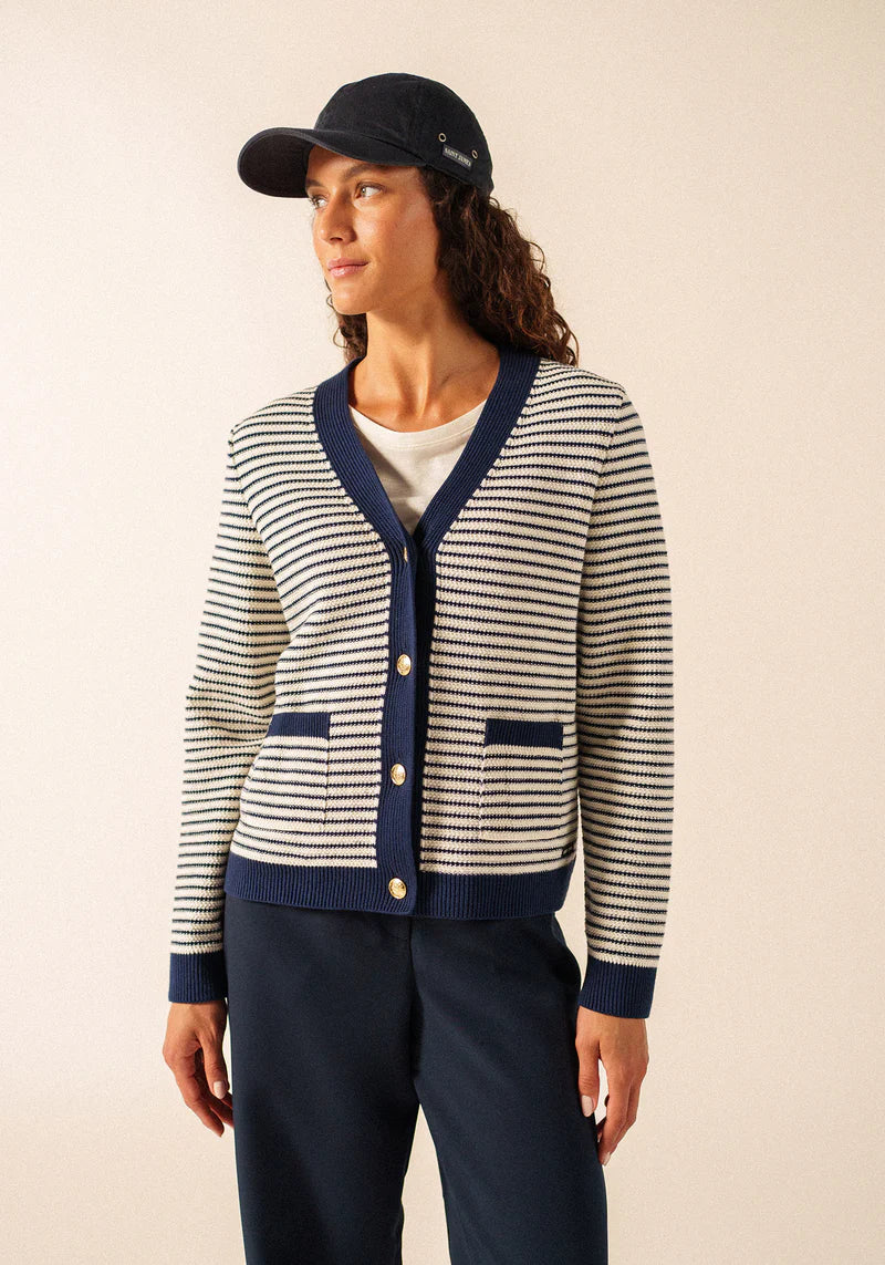 Saint James Blue and White Stripe V-Neck Cardigan