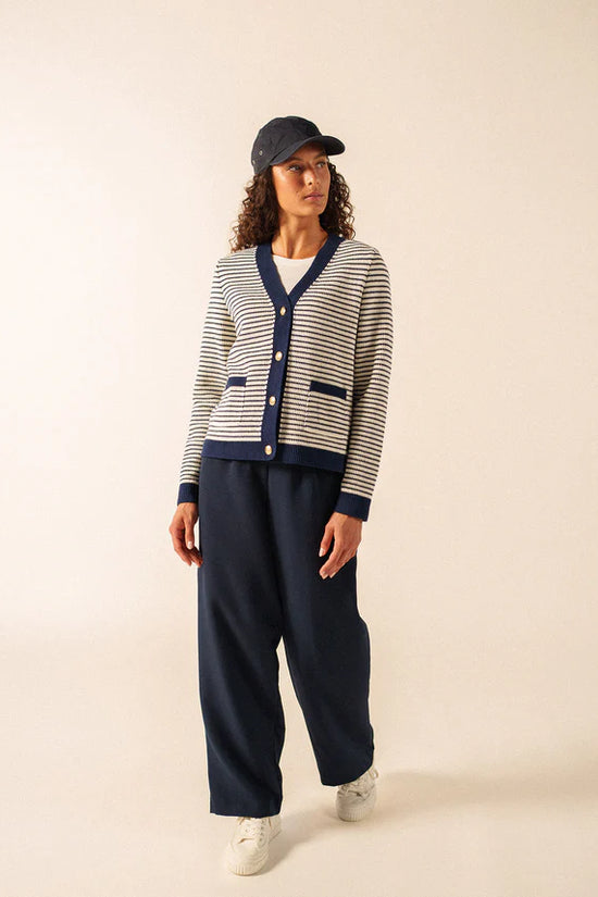 Saint James Blue and White Stripe V-Neck Cardigan