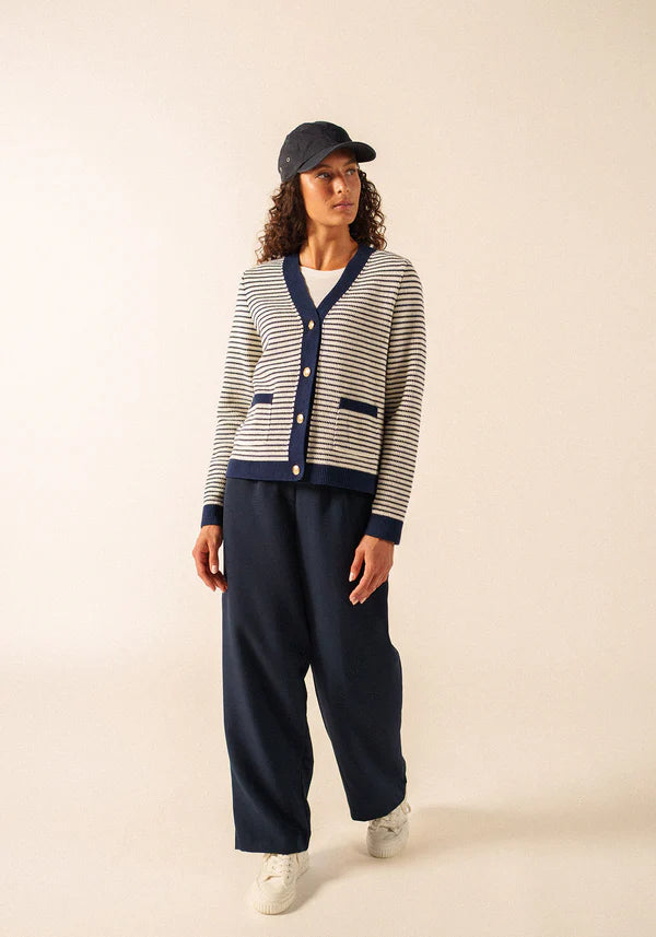 Saint James Blue and White Stripe V-Neck Cardigan