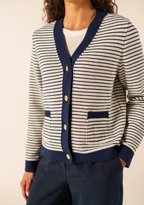 Saint James Blue and White Stripe V-Neck Cardigan