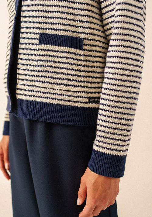 Saint James Blue and White Stripe V-Neck Cardigan