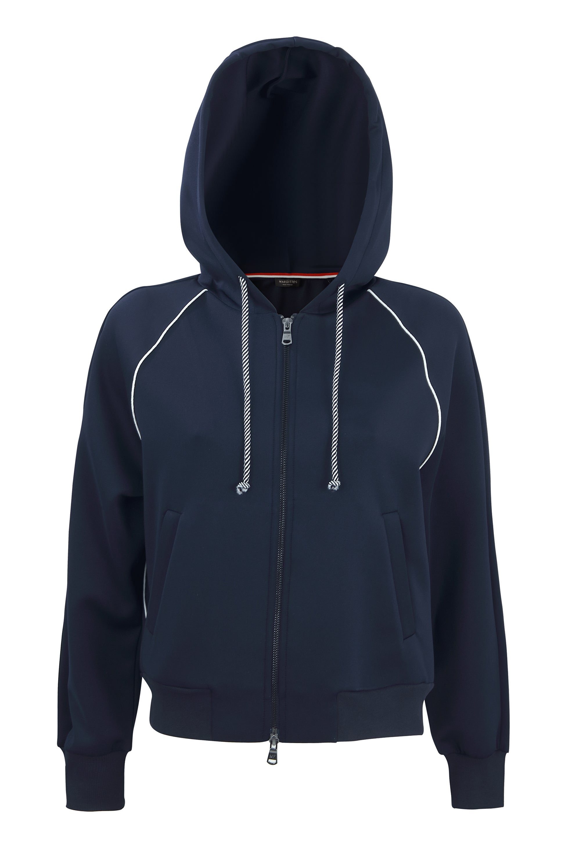 Margittes Dark Blue Long Sleeve Hoodie with Striped Drawstring & White Piping 463972514