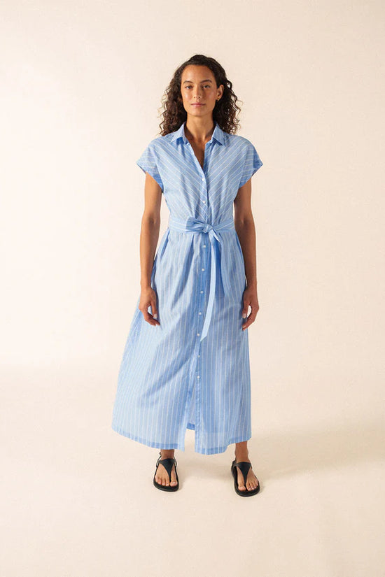 Saint James Blue Striped Cap Sleeve Belt Tie Cotton Maxi Shirt Dress MAELYS 4647