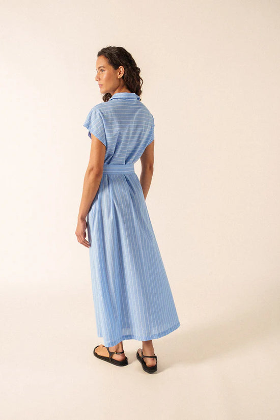 Saint James Blue Striped Cap Sleeve Belt Tie Cotton Maxi Shirt Dress MAELYS 4647